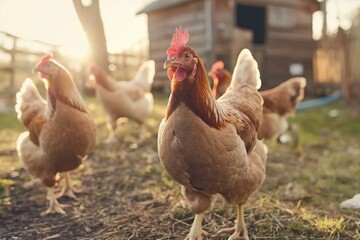 A close-up photo of a group of chickens walking in a bare yard on a sunny day, with a chicken coop in the background. Golden hour lighting. 