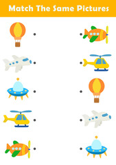 Picture Matching Worksheet for Preschool. Educational activity with cute vehicle illustration. Educational fun game for children.	