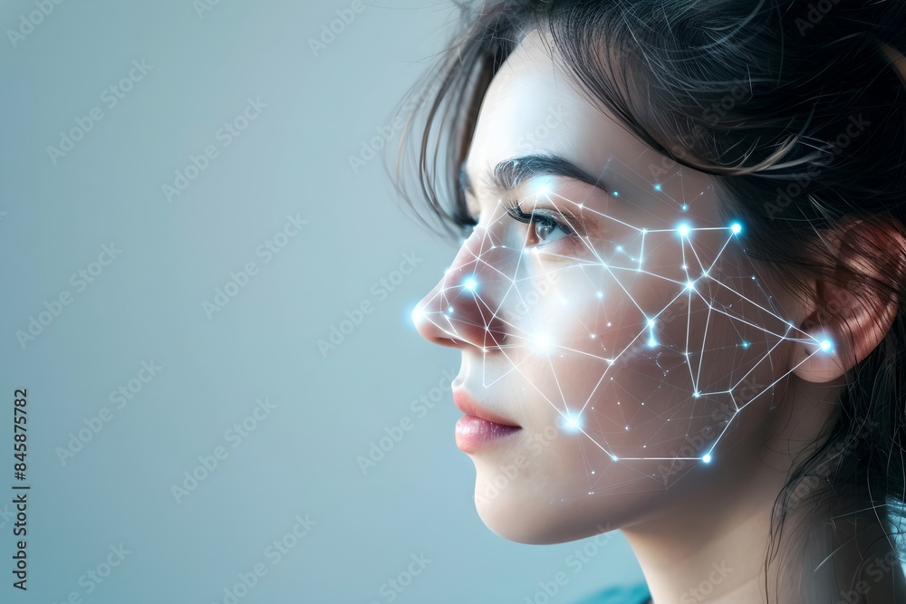 Poster woman with digital biometric scanning program. face detection and facial recognition. face id and ar