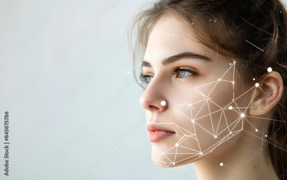 Poster woman with digital biometric scanning program. face detection and facial recognition. face id and ar