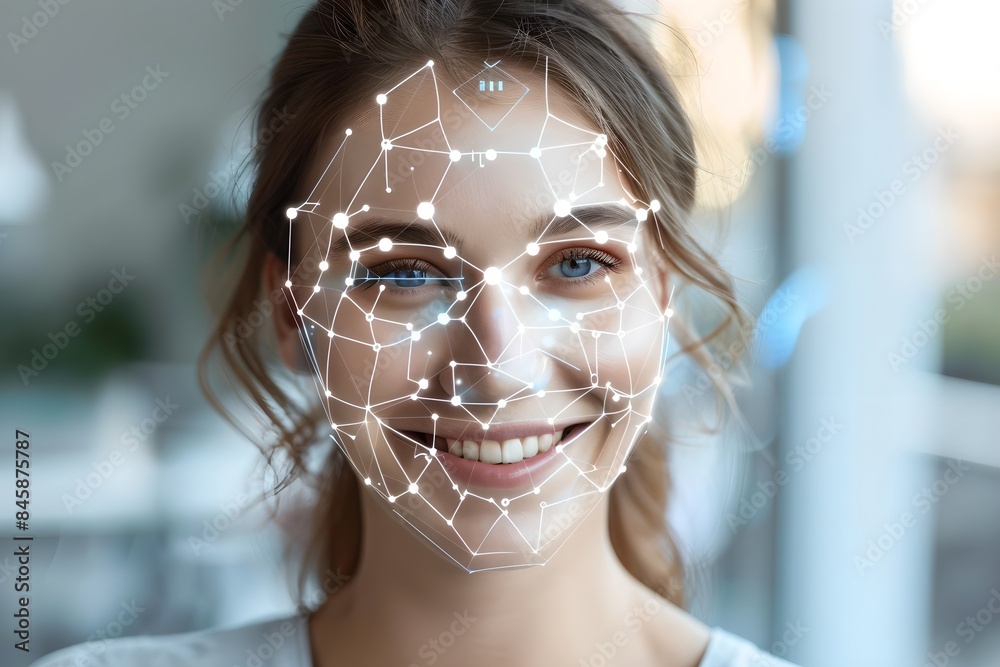 Poster smiling woman portrait with digital biometric scanning program. face detection and facial recognitio