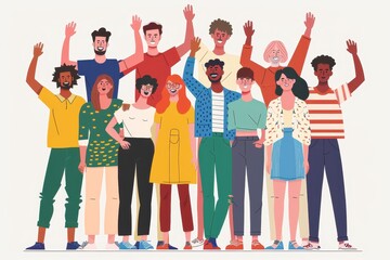 This colorful illustration features a diverse group of cartoon individuals posing together, symbolizing unity and diversity