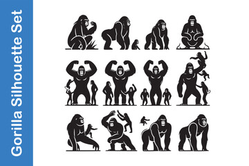 Gorilla silhouette Set with vector outline.