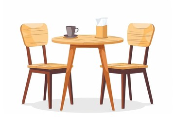 Simple yet elegant illustration of a wooden cafe table with two chairs and beverages