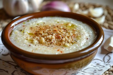 White garlic from Malaga is a type of Andalusian gazpacho with almonds bread crumbs water salt and oil
