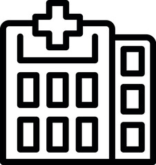 Line art icon of a hospital building with a cross, representing healthcare and medical services