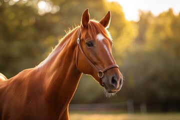 Obraz premium A close-up portrait of a majestic chestnut horse standing tall in an open field, with trees and greenery behind it, exuding elegance and strength, focus on face. 