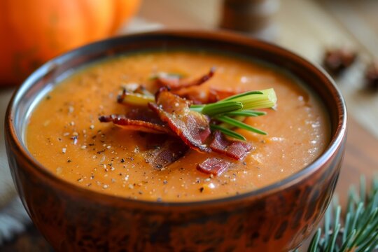 Yummy chestnut soup with bacon and celery