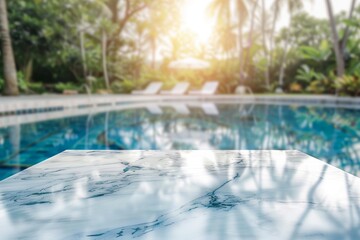 White marble table top and blurred pool in tropical resort for product display