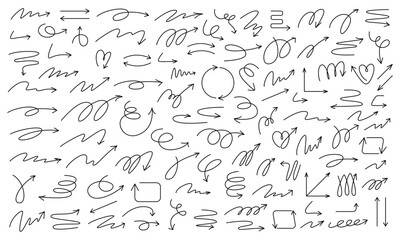 Large set of thin arrows of different shapes, drawn by hand. Vector illustration of simple pointer symbols - connections for infographics, presentation, social networks.