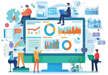 Illustration of digital business metaphor: market success, online work, leadership strategy, data analysis. People managing business stats, online transactions, profit growth.