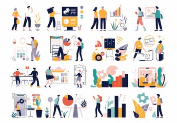 Illustration of digital business metaphor: market success, online work, leadership strategy, data analysis. People managing business stats, online transactions, profit growth.