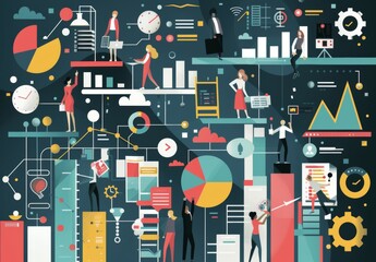 Illustration of digital business metaphor: market success, online work, leadership strategy, data analysis. People managing business stats, online transactions, profit growth.