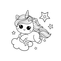 A little kawaii unicorn runs across the sky with the stars. Black and white linear drawing. For children's design of coloring books, prints, posters, cards, stickers. Vector