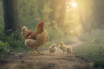 Fototapeta premium A photo of a mother hen with her chicks on a farm, with a soft misty background.