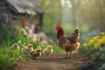 Fototapeta premium A photo of a mother hen with her chicks on a farm, with a soft misty background.