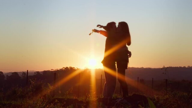 Silhouette of a Couple Hugging in a Rural Setting with a Beautiful Sunset in the Background. Romantic Couple Embracing at Sunset
