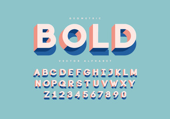 Bold retro font with numbers. Trendy 3d alphabet. Eps10 vector.	
