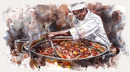 watercolor painting of a chef cooking in a large pot