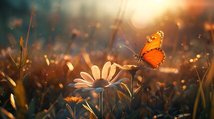 The concept of serendipity illustrated by a chance encounter between a butterfly and a flower in a sunlit meadow