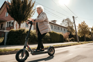 An elderly woman enjoys a sunny ride on an electric scooter in a suburban residential area