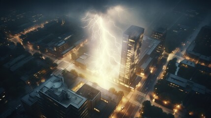 Aerial view of bright lightning strike on city building in a thunderstorm at night.