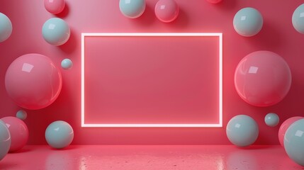 A pink and blue room with neon lights and a large frame