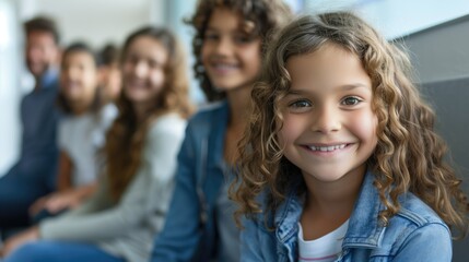 Obraz premium Cheerful little caucasian child of european or american decent smiling at camera in pediatric clinic with his family and doctors around