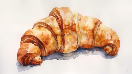 Watercolor painting of a fresh, golden-brown croissant on a white background, showcasing detailed texture and shading.