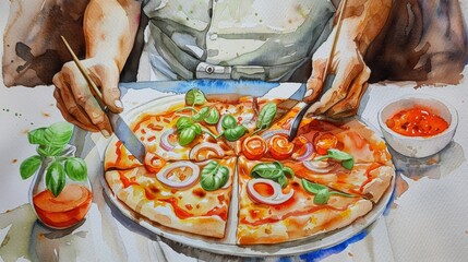 Watercolor painting of a person cutting a pizza with basil leaves and tomato sauce on the side