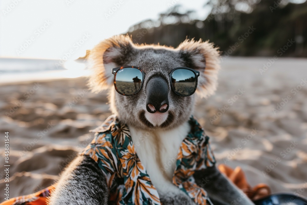 Wall mural a close-up portrait photo of a cute fashionable koala wearing sunglasses and a hawaiian shirt, with 