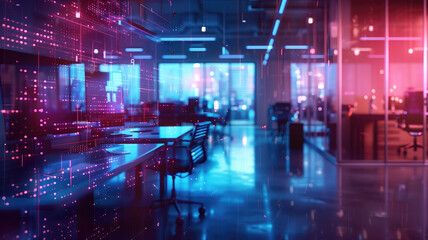 Fototapeta premium Modern neon cyberpunk open space office interior blurred with information technology overlay. Corporate strategy for finance, operations, marketing