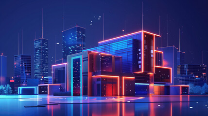 Modern smart home, against the background high-rise buildings. Development architecture computer systems of smart building. Hologram of the smart home is isolated on blue background, Generated ai