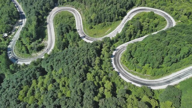 Aerial view of winding asphalt mountain road among green trees in summer.