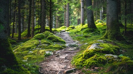 Fototapeta premium Trail through a forest covered with moss