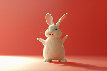 White Rabbit Figurine on a Bold Red Background, Perfect for Easter Decorations, Children�s Toy Designs, and Holiday-Themed Photography