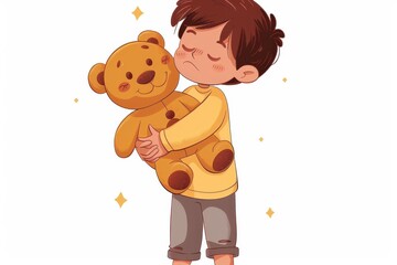 A heartwarming illustration of a young child lovingly embracing a plush teddy bear with stars around