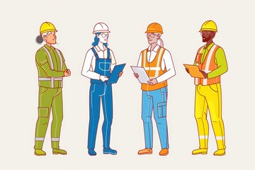 A minimalistic vector illustration of four construction workers discussing a project in safety gear
