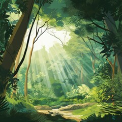 Vibrant Sunlit Canopy Vector Over White Rainforest Scene