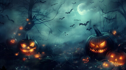 Beautiful festive background for Halloween with pumpkins and fog. AI Generated