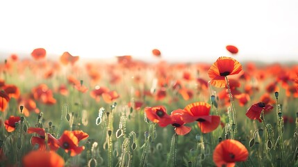 A vibrant field of poppies in full bloom, their scarlet petals contrasting vividly with the lush green grass beneath a cloudless sky.