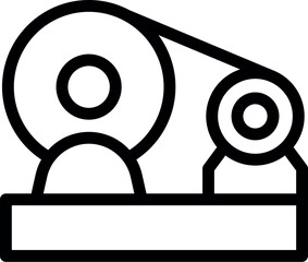 Line art icon of a conveyor belt system moving a circular object, commonly found in industrial manufacturing environments