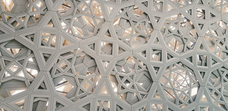 Abu Dhabi, UAE - 2018 - Louvre Abu Dhabi with complex detailed ceiling, which is an art and civilization museum,  located on the Saadiyat Island Cultural district.