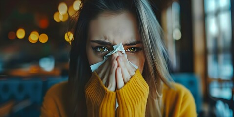 Closeup of woman blowing her nose with tissue depicting illness and hygiene. Concept Closeup, Woman, Blowing Nose, Tissue, Illness, Hygiene