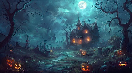 Beautiful festive background for Halloween with pumpkins and fog. AI Generated
