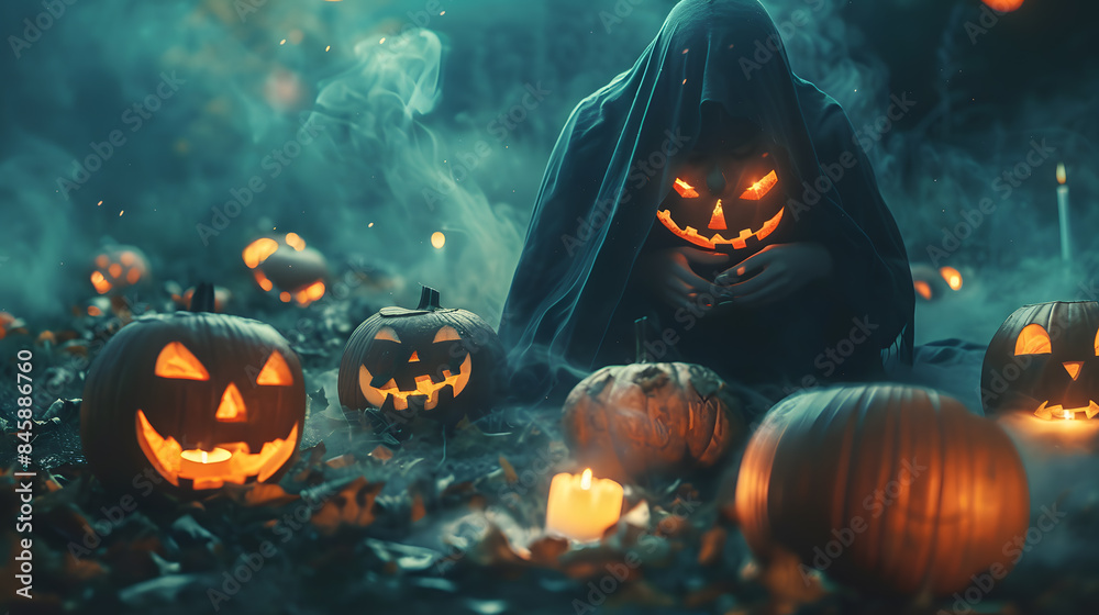 Wall mural Beautiful festive background for Halloween with pumpkins and fog. AI Generated