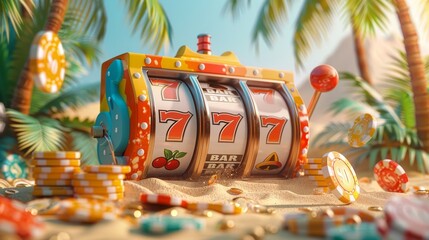 Colorful Slot Machine with Winning Sevens on Tropical Beach, Casino and Gambling Concept
