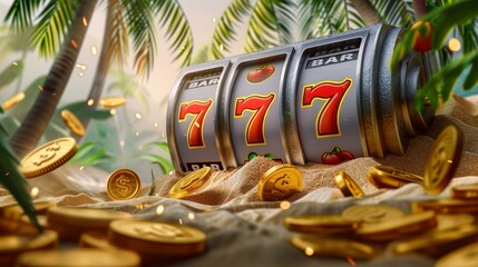 Colorful Slot Machine with Winning Sevens on Tropical Beach, Casino and Gambling Concept
