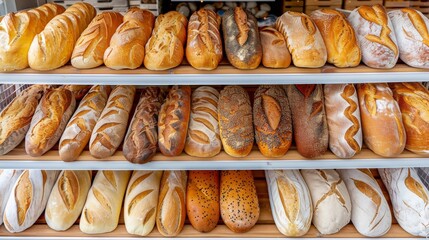 Breads on supermarket shelves. Various types of bread, including baguettes, bagels, and bread buns, displayed on shelves in a supermarket bakery section.