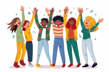 An image showcases a diverse group of people with their faces blurred celebrating together